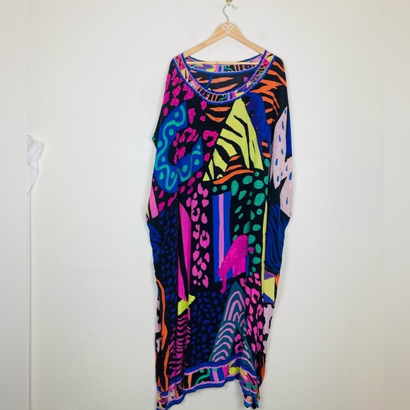 Camilla bright Fair Lady’s Dinkum print embellished silk caftan. One size - Picture 3 of 16